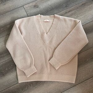 Tory Burch Ribbed V-Neck Sweater in Beige